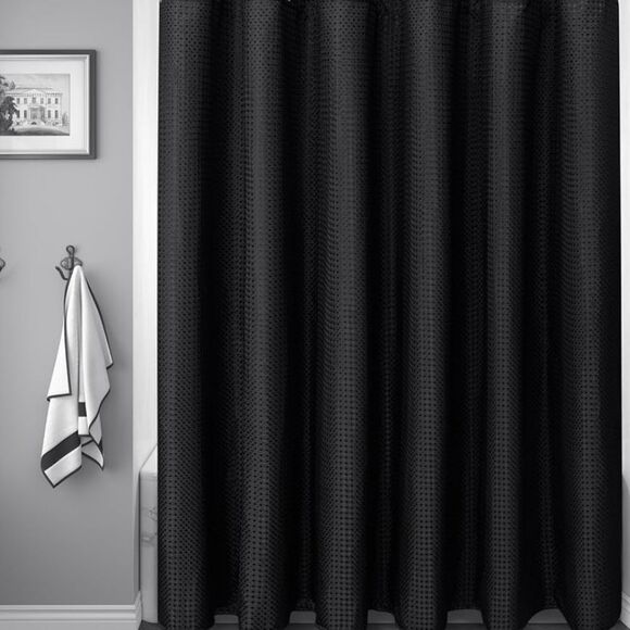 Juicy Couture Home Water Repellent Waffle Shower Curtain Liner- Black - Picture 2 of 7